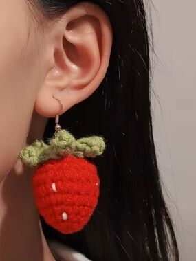 NWT Strawberry Crochet Earrings with Green Top, Fruit Earrings, OS